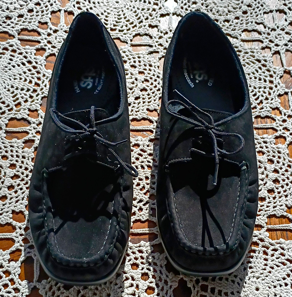 SAS Womens 8 W Wide Black Suede Oxford Moccasin Shoes Handcrafted Made In USA